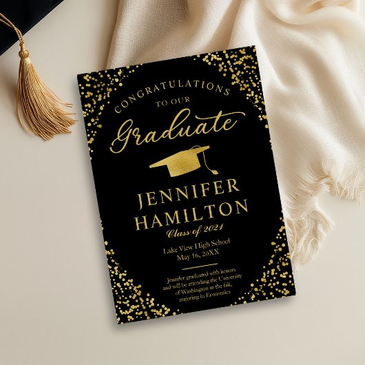 Uitnodiging van Black Gold Confetti Graduation Par