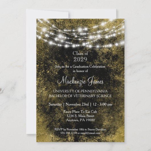 Uitnodiging van Black Gold Lights Graduation Party (Voorkant)