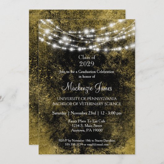 Uitnodiging van Black Gold Lights Graduation Party (Voorkant / Achterkant)