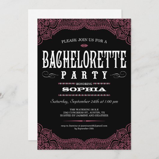 Uitnodiging van Black & Pink Paisley Bachelorette (Voorkant / Achterkant)