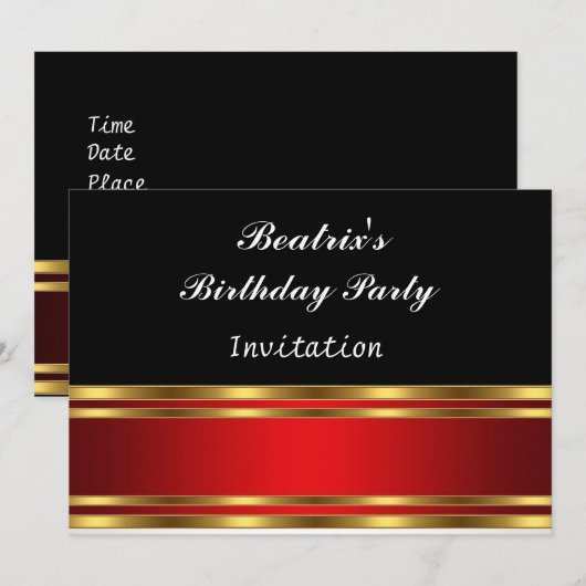 Uitnodiging van Black Red en Gold Birthday (Voorkant / Achterkant)