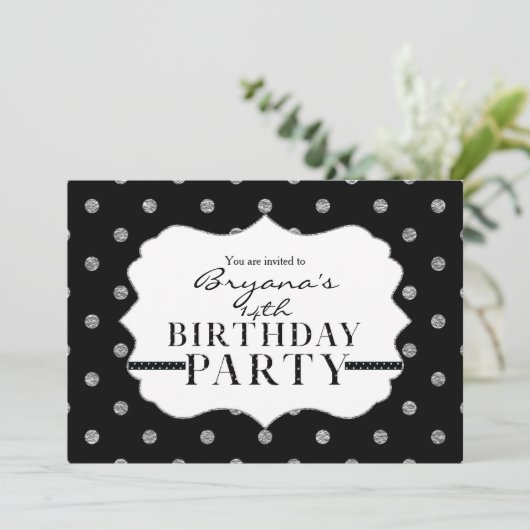 Uitnodiging van Black & Silver Faux Polka Dots Par (Staand voorkant)
