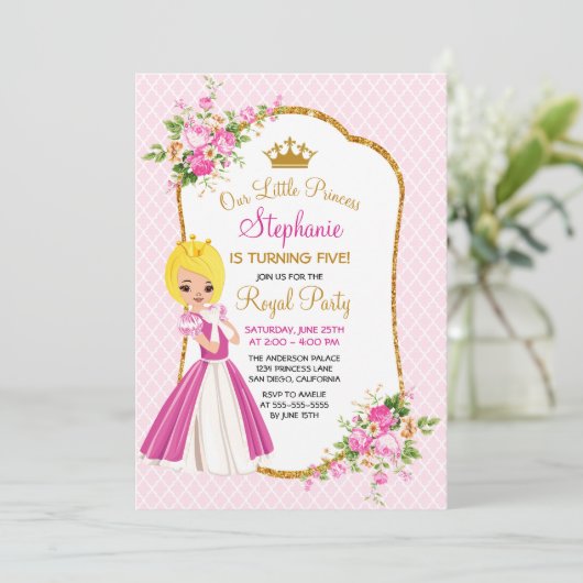  uitnodiging van Blonde Princess Birthday (Staand voorkant)