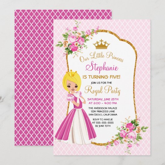 uitnodiging van Blonde Princess Birthday (Voorkant / Achterkant)