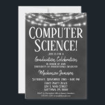 Uitnodiging van Computer Science Graduation Party<br><div class="desc">Een leuke uitnodiging van een zwarte en witte computeracademicus voor het afstuderen van de exacte wetenschappen met gloeiende lichten bovenaan.</div>