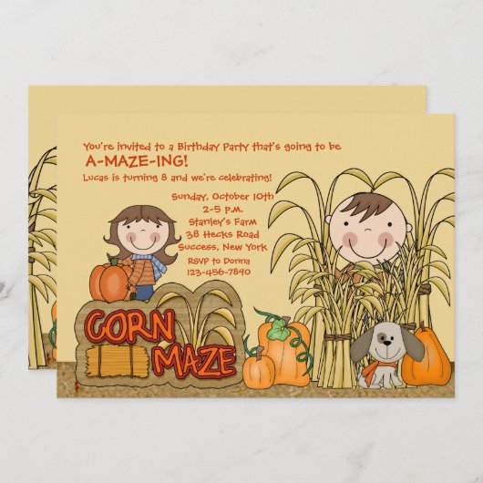 Uitnodiging van Corn Maze Party (Boy) (Voorkant / Achterkant)