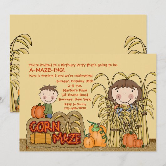 Uitnodiging van Corn Maze Party (Girl) (Voorkant / Achterkant)
