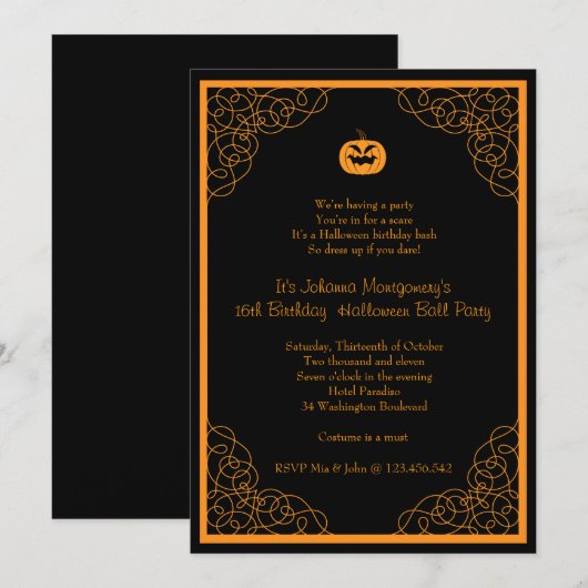 Uitnodiging van Costume Party van Halloween Ball B (Voorkant / Achterkant)