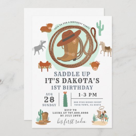 uitnodiging van Cowboy Birthday (Voorkant / Achterkant)