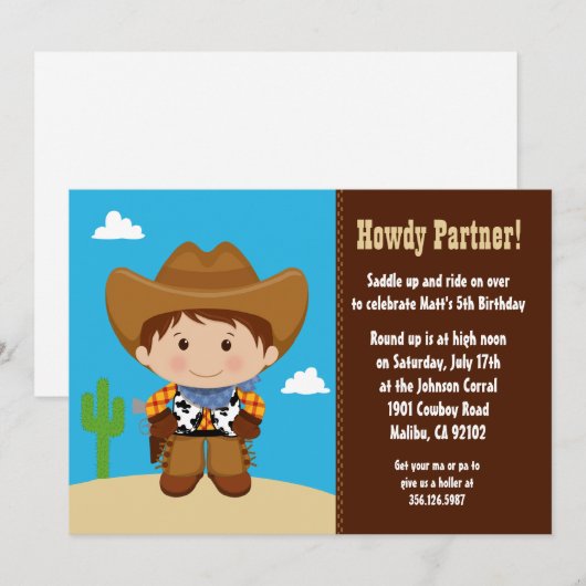 Uitnodiging van Cowboy Birthday Party (Voorkant / Achterkant)