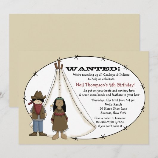 uitnodiging van cowboys en Indians Birthday Party (Voorkant / Achterkant)