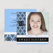 uitnodiging van Damask Monogram Sweet 16 Party (Voorkant / Achterkant)