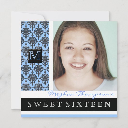uitnodiging van Damask Monogram Sweet 16 Party (Voorkant)