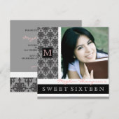 uitnodiging van Damask Monogram Sweet 16 Party (Voorkant / Achterkant)