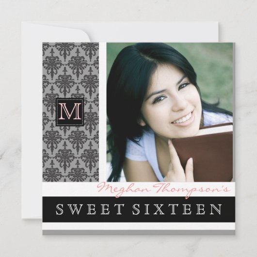 uitnodiging van Damask Monogram Sweet 16 Party (Voorkant)