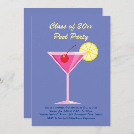 Uitnodiging van de afstuderen-poolpartij in Paars (Voorkant / Achterkant)
