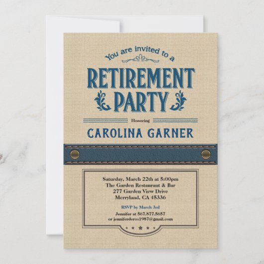 Uitnodiging van de aftredingspartij. Classy burlap (Voorkant)