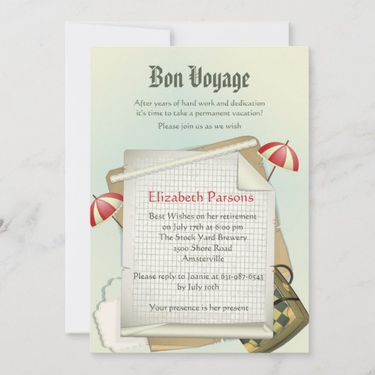 Uitnodiging van de aftredingspartij voor reisplann (Voorkant)