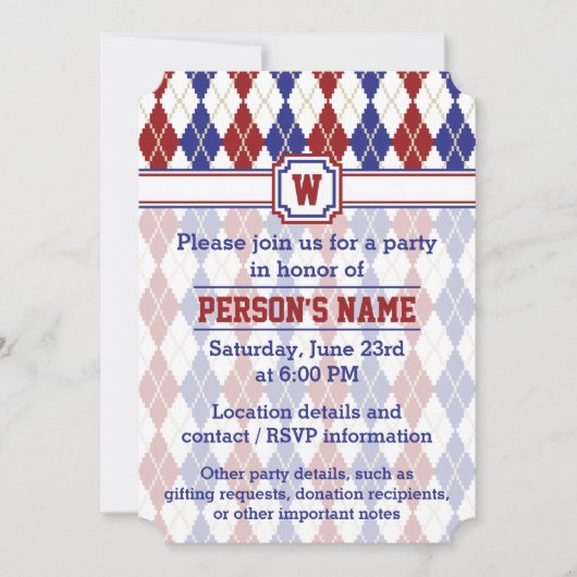 Uitnodiging van de Amerikaanse Argyle Party (Voorkant)