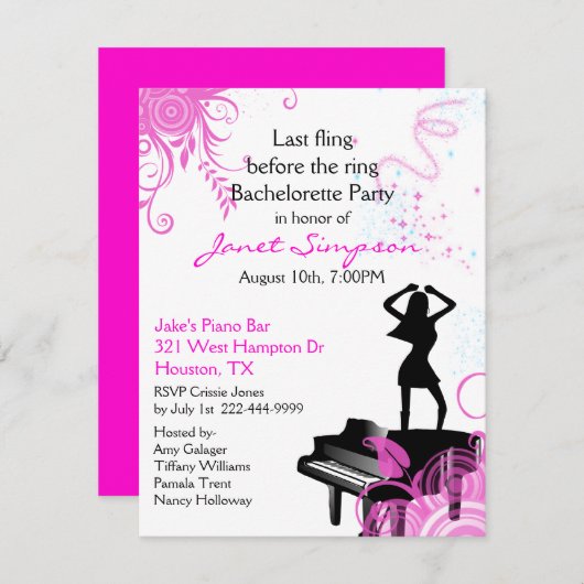 Uitnodiging van de Bachelorette van Piano Bar (Voorkant / Achterkant)