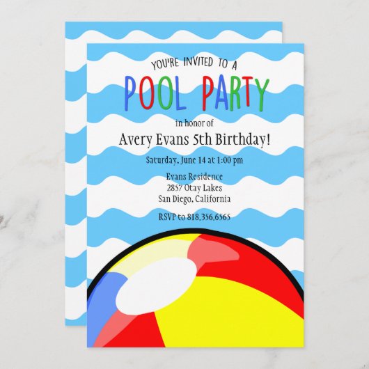 Uitnodiging van de Ball Birthday Pool Party (Voorkant / Achterkant)