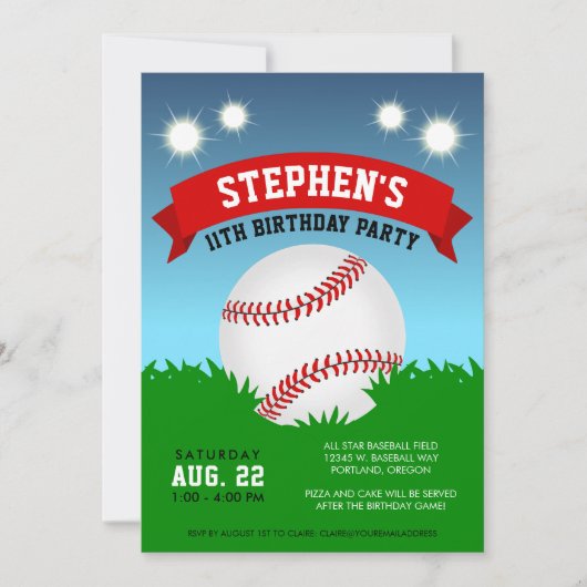 Uitnodiging van de Baseball Birthday Party (Voorkant)