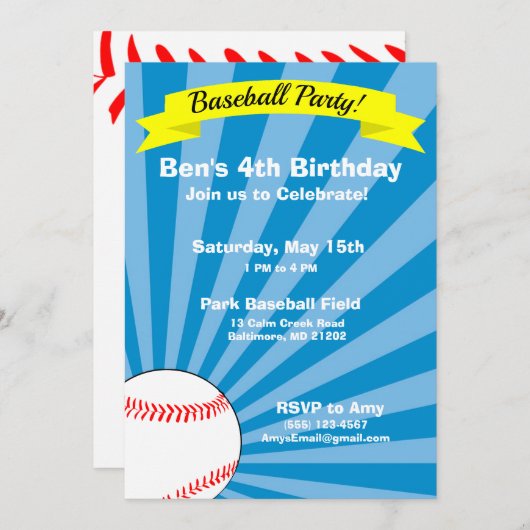 Uitnodiging van de Baseball Birthday Party (Voorkant / Achterkant)