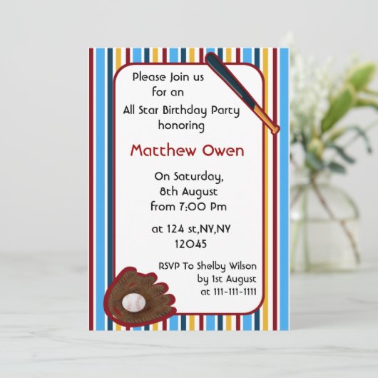 Uitnodiging van de Baseball Birthday Party (Staand voorkant)