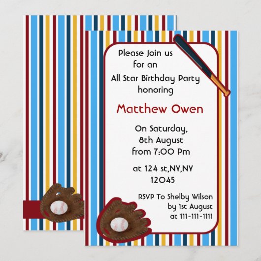 Uitnodiging van de Baseball Birthday Party (Voorkant / Achterkant)