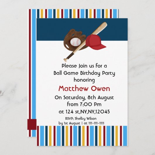 Uitnodiging van de Baseball Birthday Party (Voorkant / Achterkant)