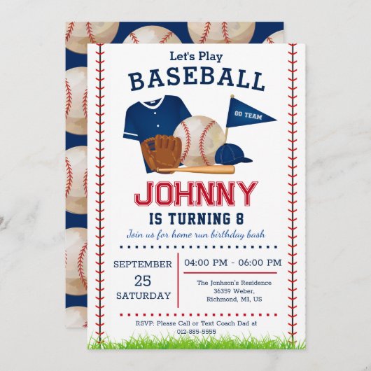 Uitnodiging van de Baseball Birthday Party (Voorkant / Achterkant)