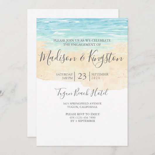 Uitnodiging van de Beach Blue Engagement Party van (Voorkant / Achterkant)