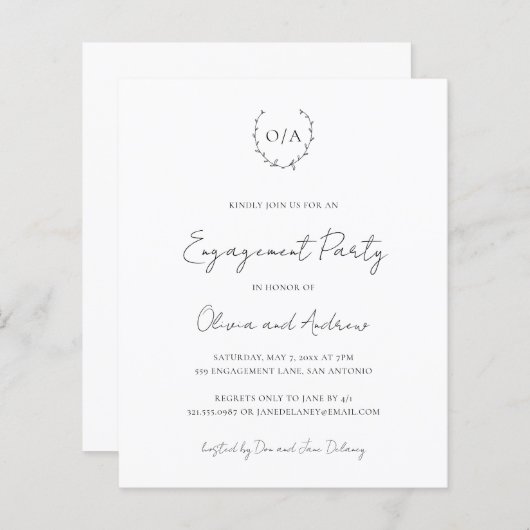 Uitnodiging van de begrotingspartij Monogram (Voorkant / Achterkant)