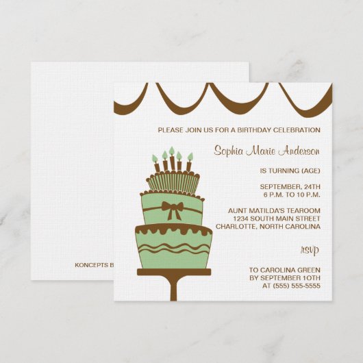 uitnodiging van de Birthday Cake Party (Voorkant / Achterkant)