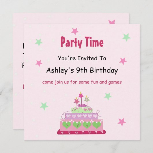 uitnodiging van de Birthday Cake Party (Voorkant / Achterkant)