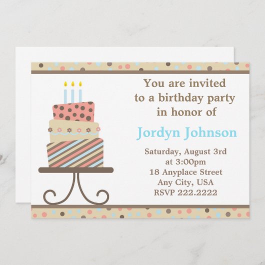 uitnodiging van de Birthday Cake Party (Voorkant / Achterkant)