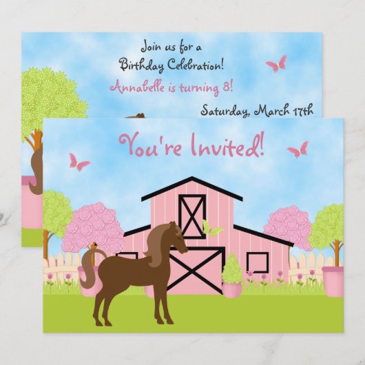 uitnodiging van de Birthday-partij bij Barn Horse (Voorkant / Achterkant)