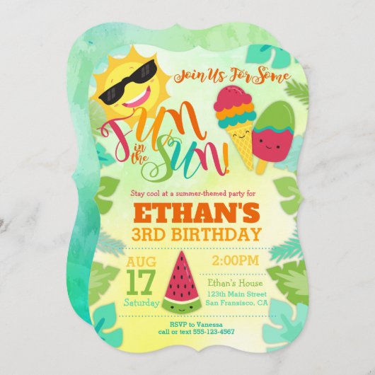 Uitnodiging van de Birthday Party - Pool / Tropisc (Voorkant / Achterkant)