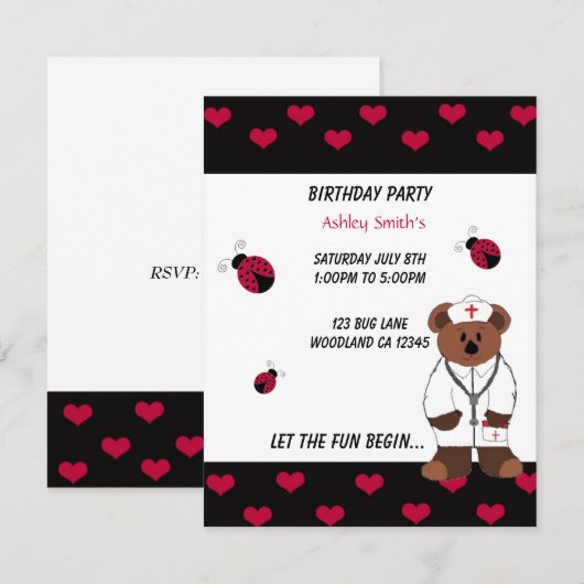 Uitnodiging van de Birthday Party van de verpleegs (Voorkant / Achterkant)