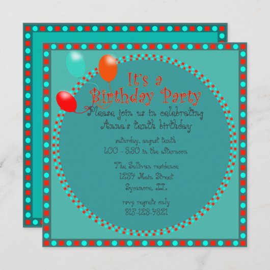 uitnodiging van de Birthday Party van kind (Voorkant / Achterkant)