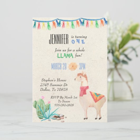Uitnodiging van de Birthday Party van Llama Alpaca (Staand voorkant)