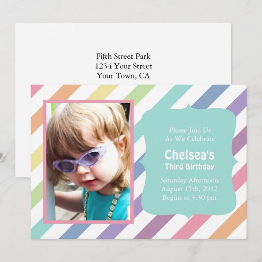 uitnodiging van de Birthday Party voor regenboogs (Voorkant / Achterkant)