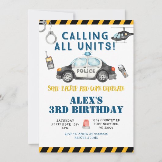 Uitnodiging van de Birthday-politiepartij (Voorkant)