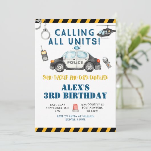 Uitnodiging van de Birthday-politiepartij (Staand voorkant)