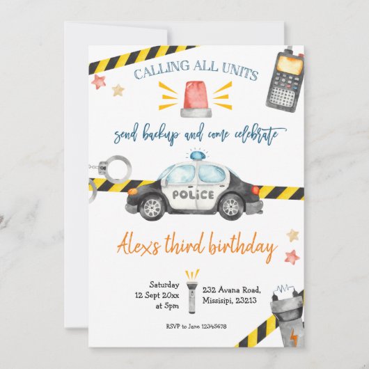 Uitnodiging van de Birthday-politiepartij (Voorkant)
