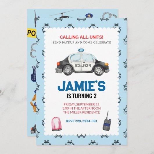 Uitnodiging van de Birthday-politiepartij (Voorkant / Achterkant)