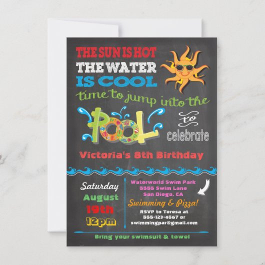Uitnodiging van de Birthday Pool van Chalkboard (Voorkant)