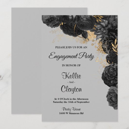 Uitnodiging van de Black and Gold Floral Engagemen (Voorkant / Achterkant)