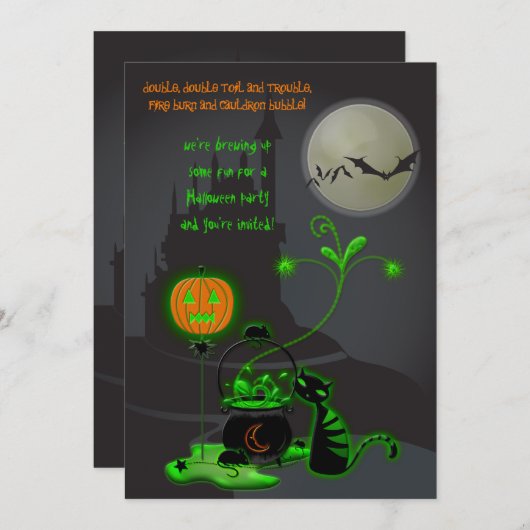 Uitnodiging van de Black Cat en Cauldron Halloween (Voorkant / Achterkant)