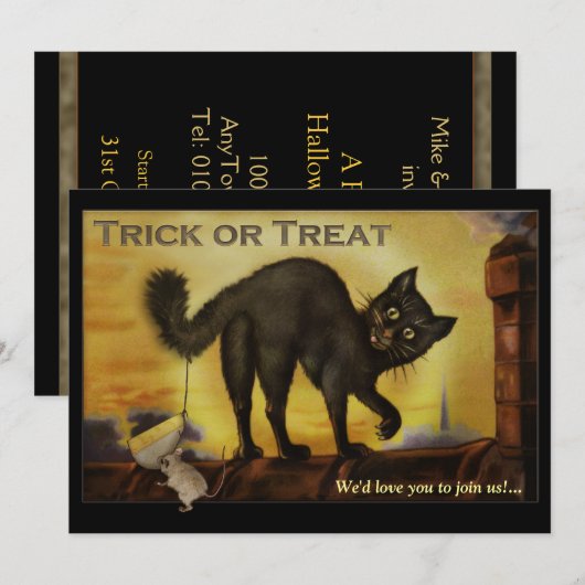  uitnodiging van de Black Cat Halloween Party (Voorkant / Achterkant)